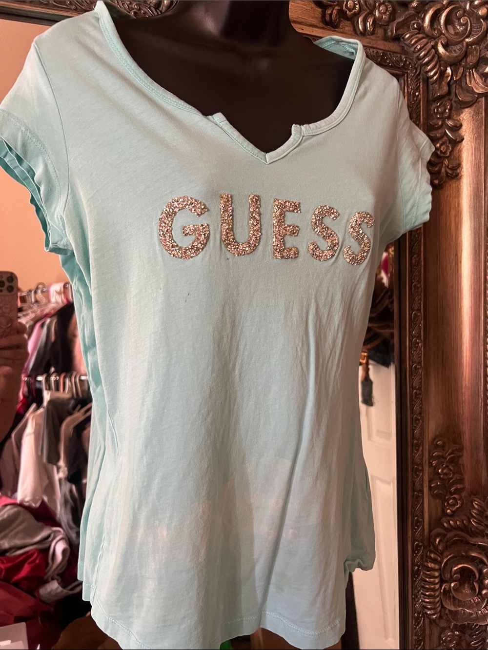 GUESS Light Aqua Short Sleeve Tee with Crystal Logo